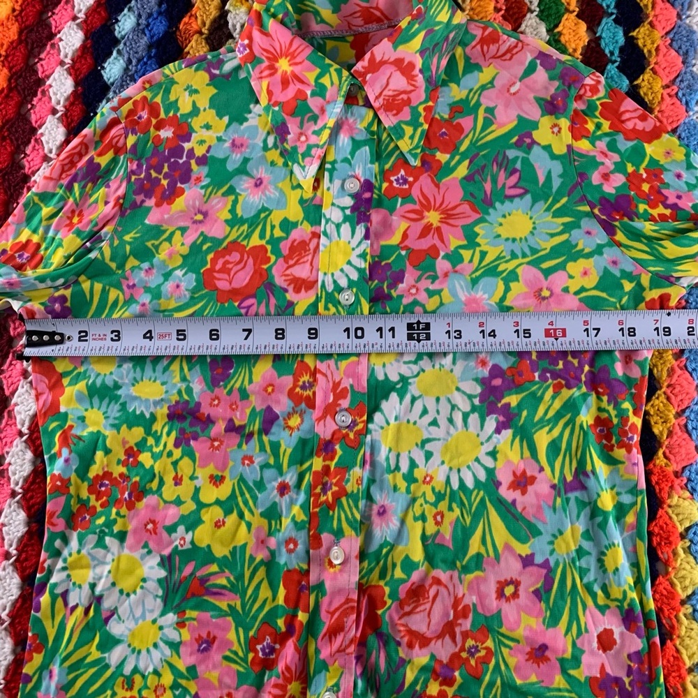 Vintage 70s Rainbow Cheery Floral Stretch Dagger Disco Collar Button Up … - Picture 9 of 12